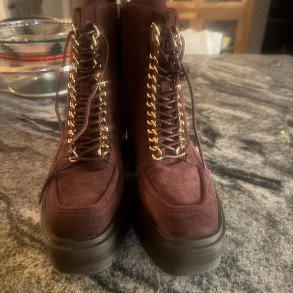 Sam Edelman Plum Suede Lace-Up Boots with Gold Accents - Picture 3 of 6